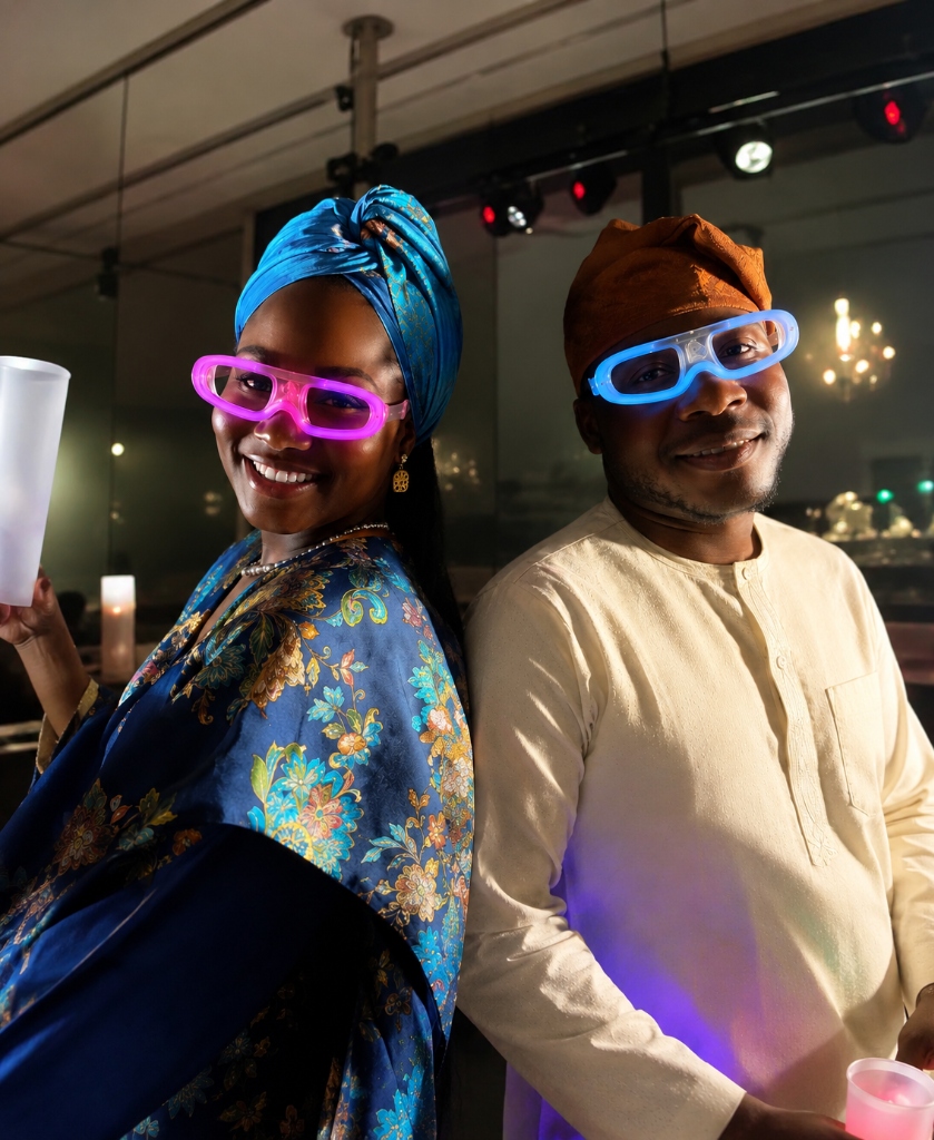 Guests celebrating with colorful glasses on 360 photo booth